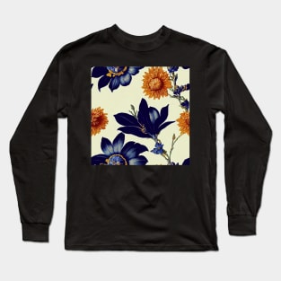 Deep Blue and Rust Autumn Orange Vintage Floral Long Sleeve T-Shirt